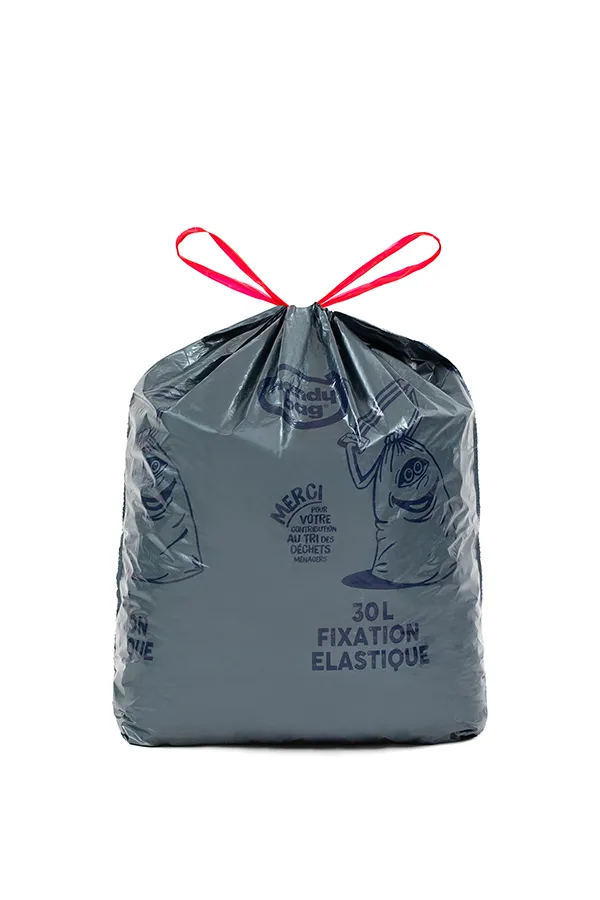 Sac poubelle gris à lien coulissant sur fond blanc
